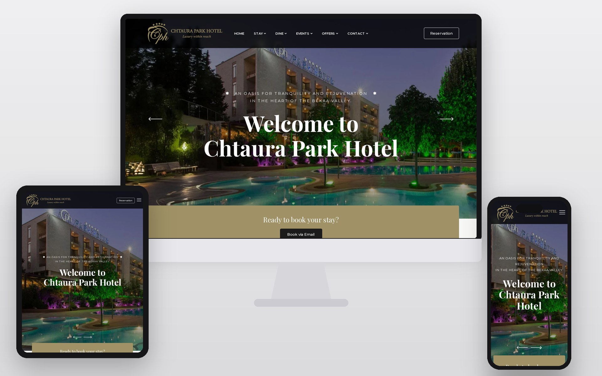 Chtaura Park Hotel website shown on an iMac, iPad and iPhone