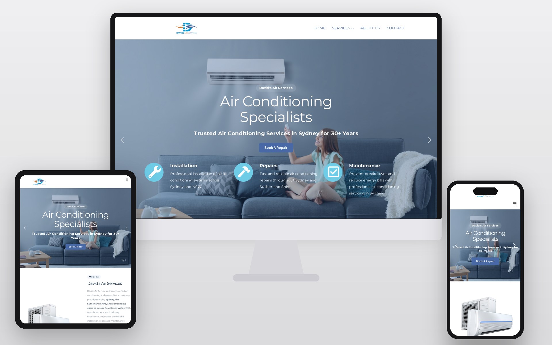 David's Air Services website shown on an iMac, iPad and iPhone