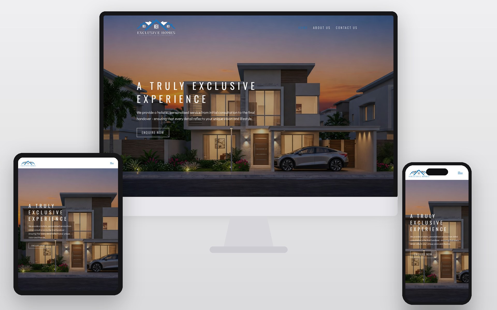 Exclusive Homes website shown on an iMac, iPad and iPhone