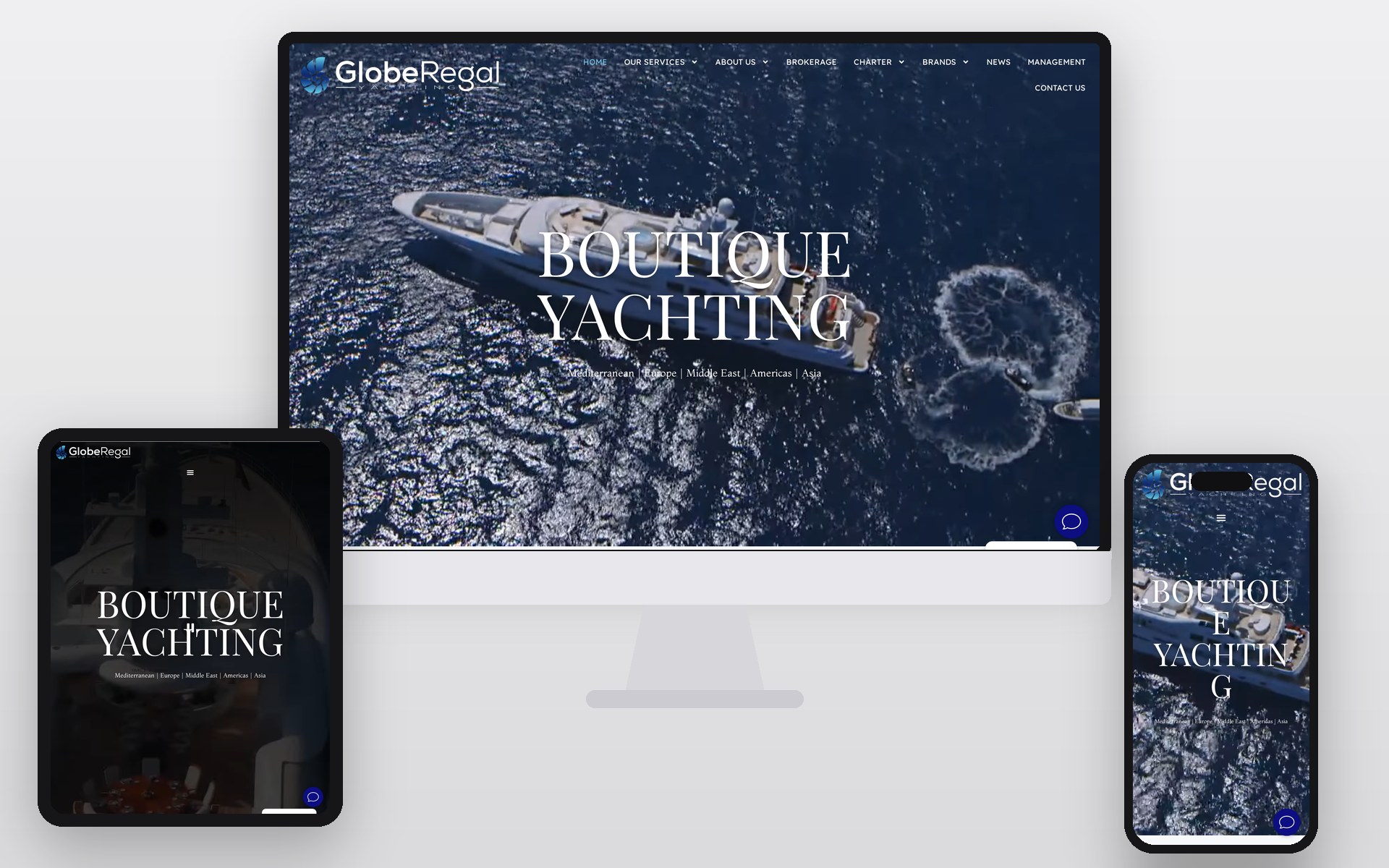 Globe Regal Yachting website shown on an iMac, iPad and iPhone