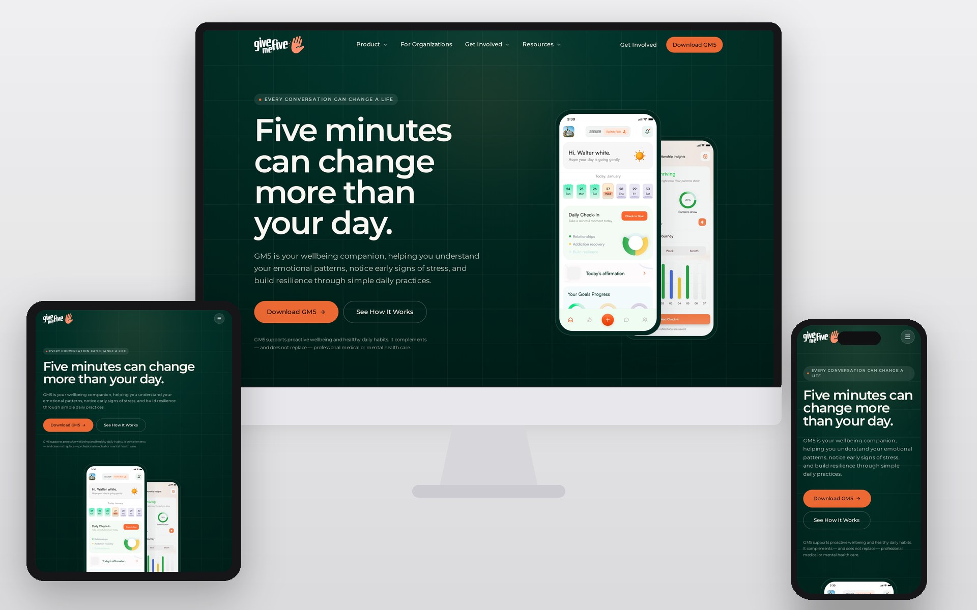 GM5 MindFit website shown on an iMac, iPad and iPhone