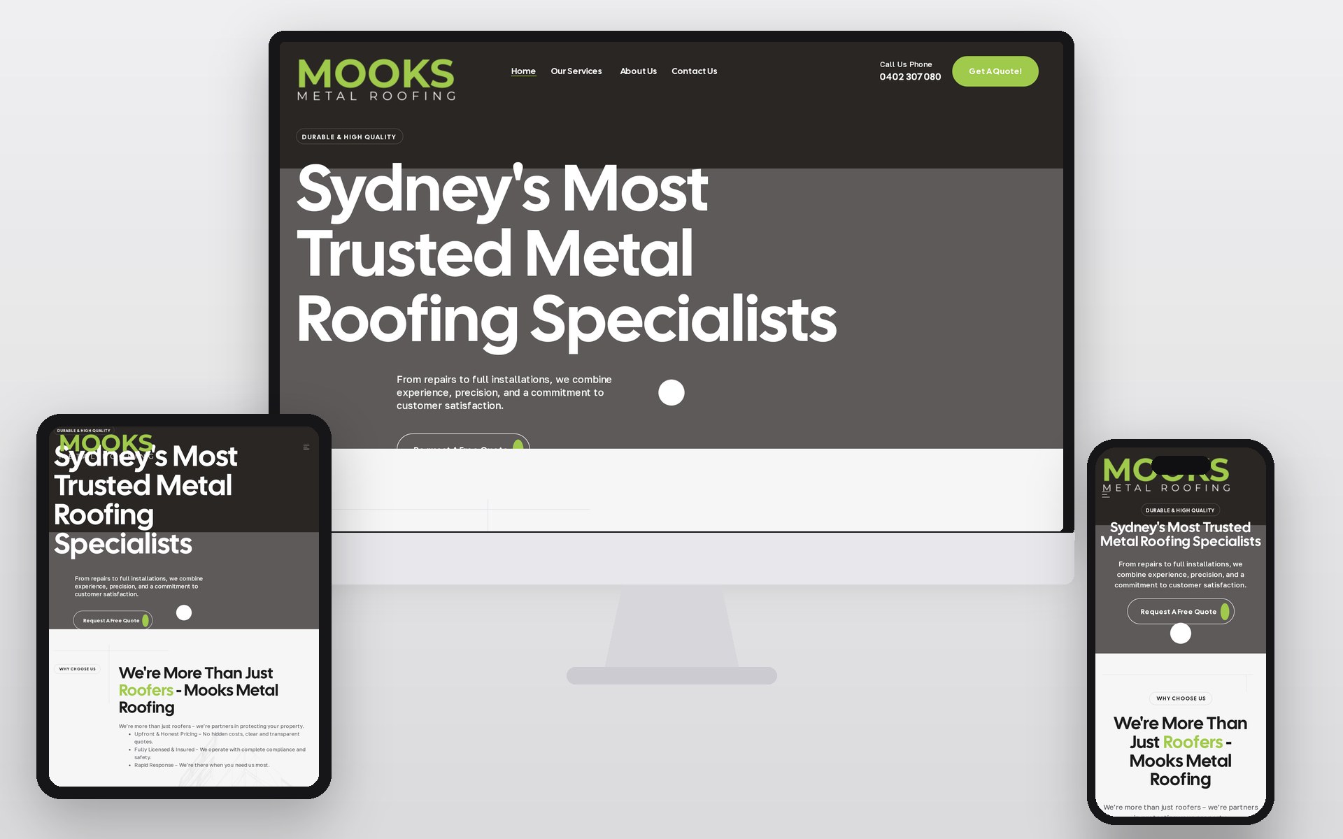 Mooks Metal Roofing website shown on an iMac, iPad and iPhone