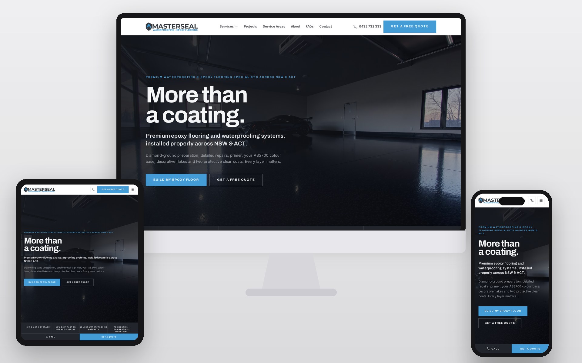 Masterseal Waterproofing website shown on an iMac, iPad and iPhone