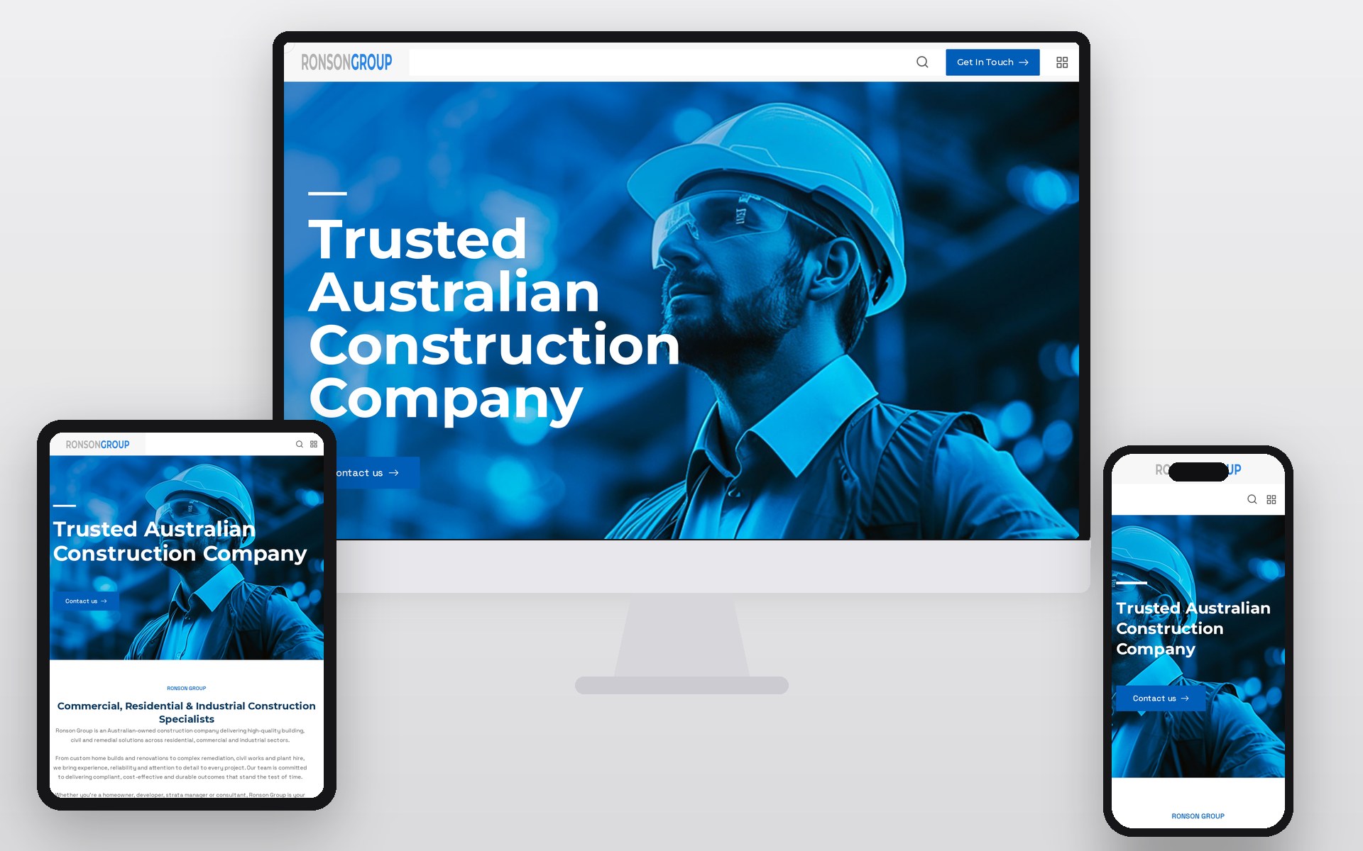 Ronson Group website shown on an iMac, iPad and iPhone