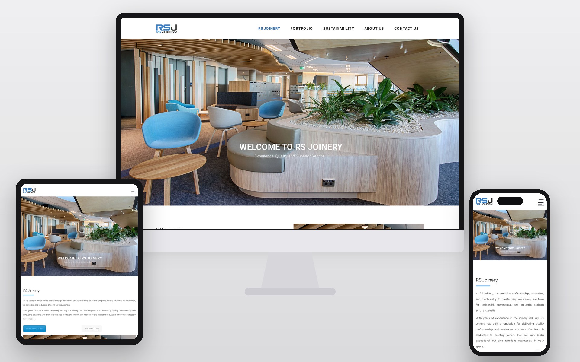RS Joinery website shown on an iMac, iPad and iPhone