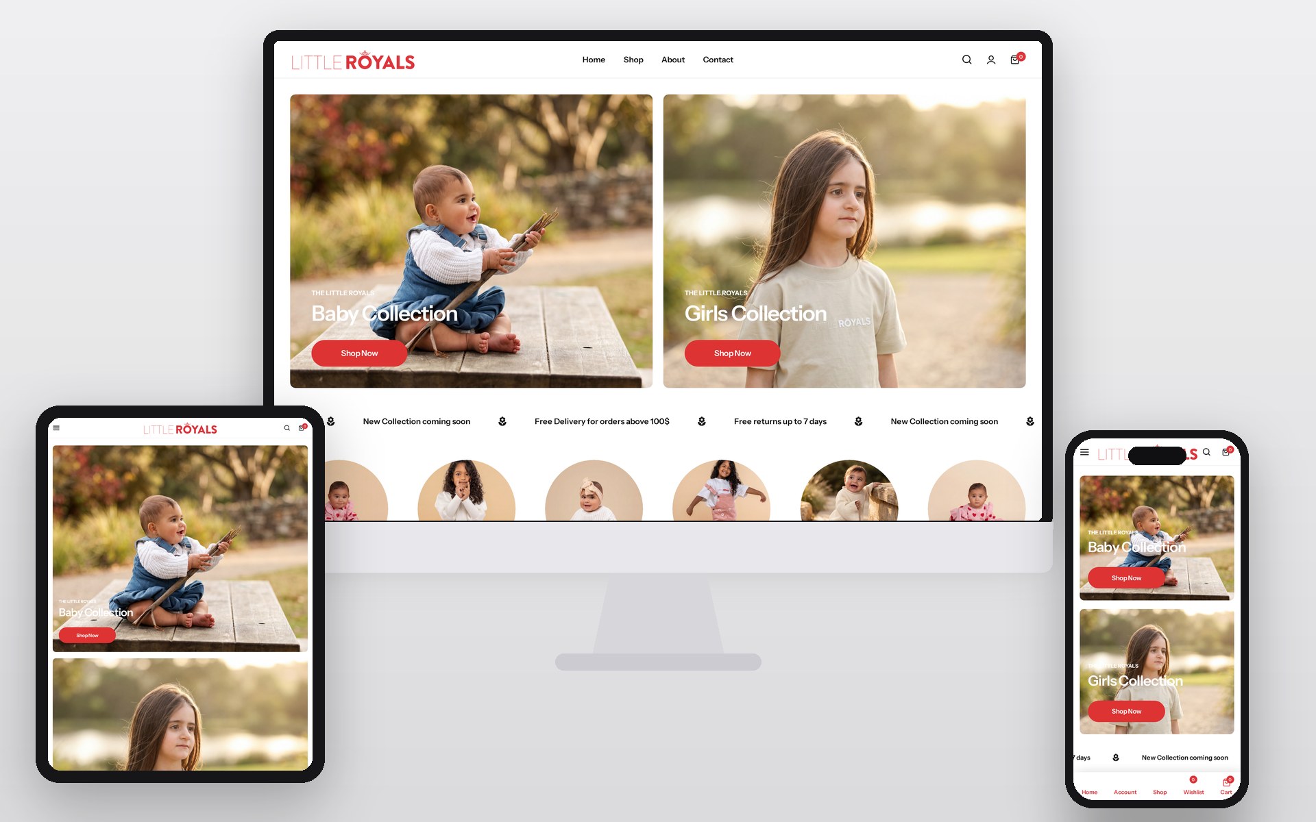 The Little Royals website shown on an iMac, iPad and iPhone